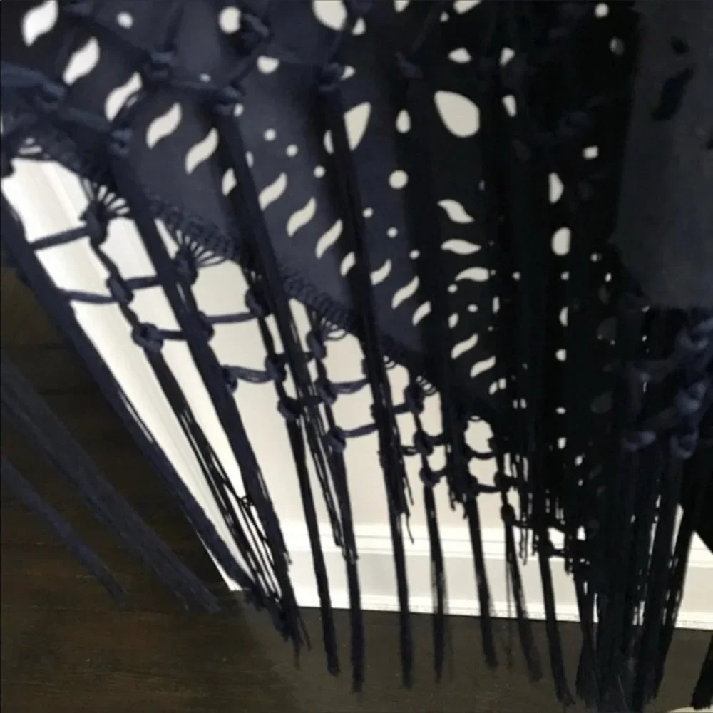 Muche et Muchette Navy Laser Cut Fringe Faux Suede Shawl NWT